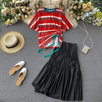 

Gagaok Women Casual Fashion Two Piece Set 2020 Summer New O-Neck Striped Ribbons T-shirt +solid Mid-Calf Wild Harajuku Skirt