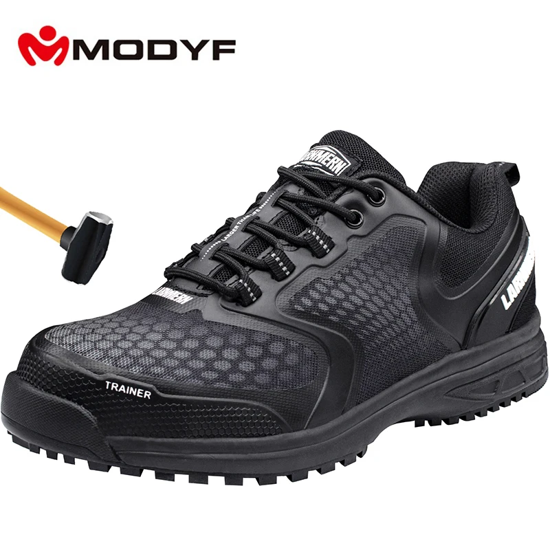 

MODYF Men Black Lightweight Steel Toe Cap Work Safety Shoes Anti-puncture Breathable Construction Safety Boots