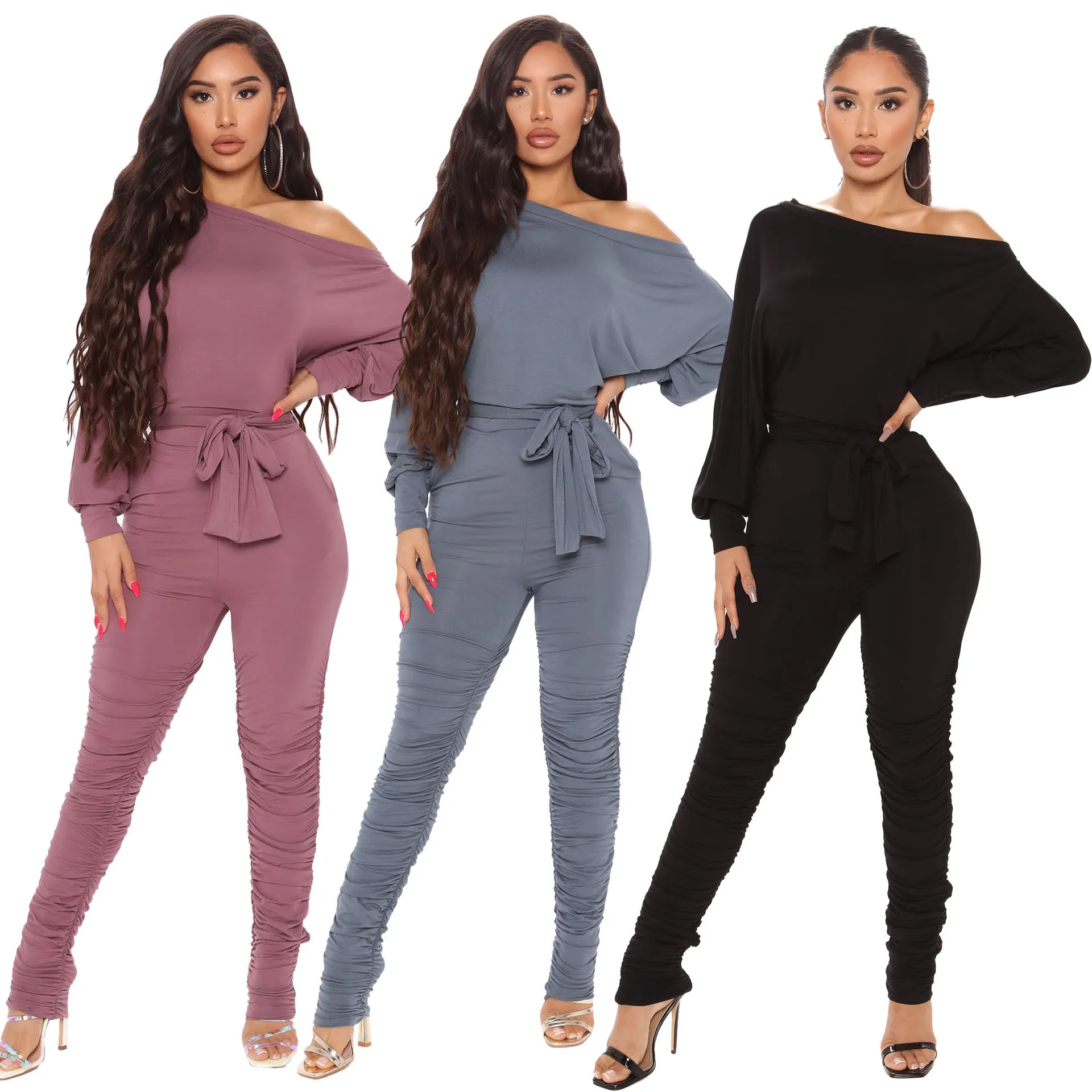

Elegant Skew Neck Rompers Womens Jumpsuit Sexy Off Shoulder Long Sleeve Belt Bandage Stacked Pants Body Jumpsuit Women Clothes