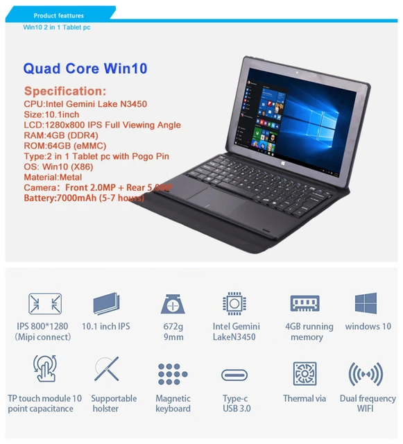 10.1 Inch Touch Screen Laptop 4G + 64GB Intel Celeron N3450 2 in 1
