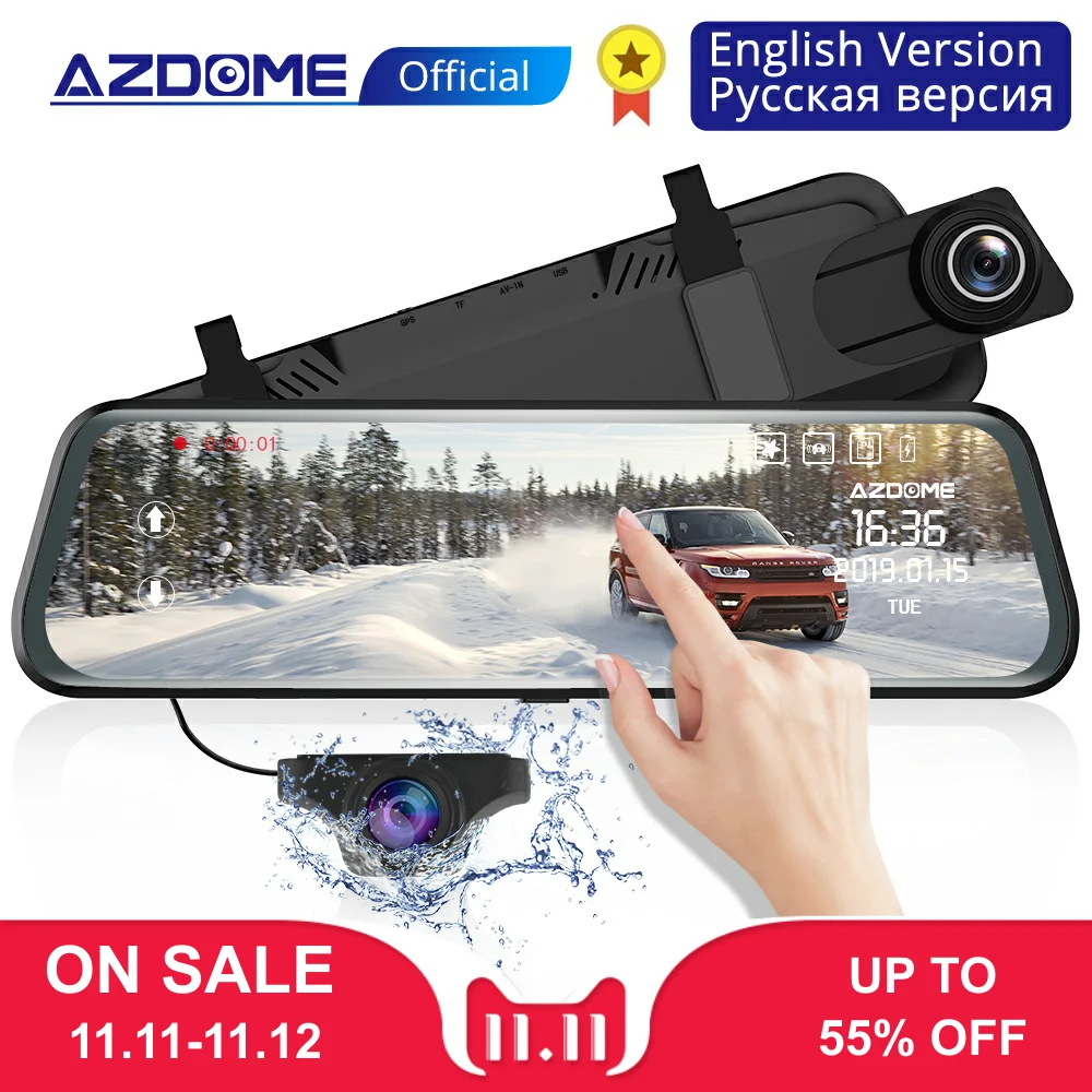 

AZDOME 9.66" Mirror Dash Cam Streaming Media Full-Screen Touching Dual Lens Night Vision rear view mirror camera Car DVR