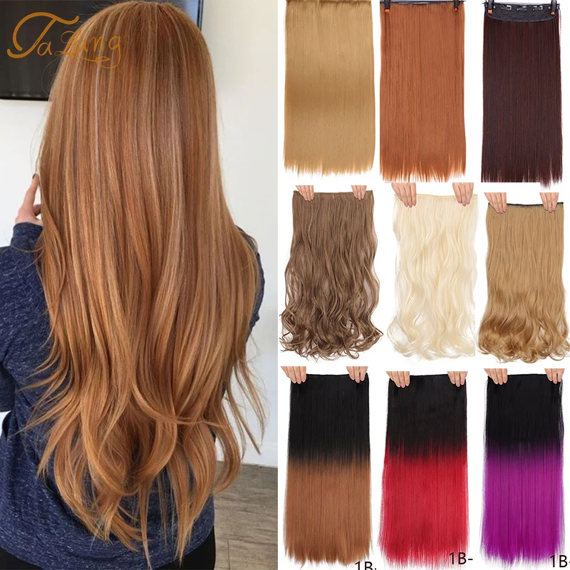 

TALANG 5 Clip In Hair Extension Heat Resistant Fake Hairpieces Long 24 Inch Straight Synthetic Full Head Hair