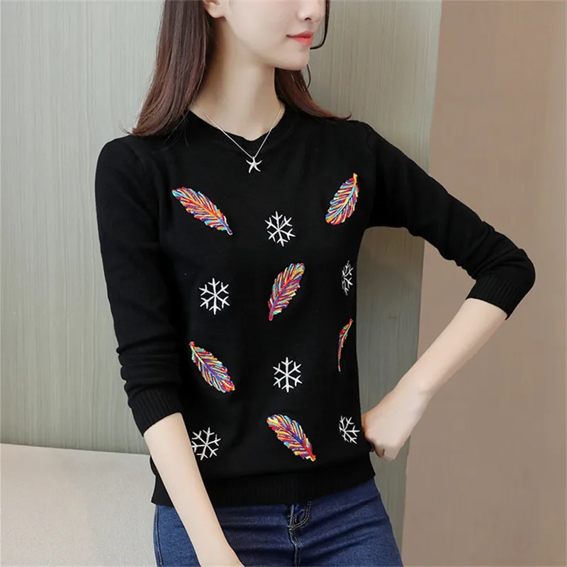 

Sweater Women's Short Pullover Round Neck Long Sleeve Spring And Autumn New Korean Thin Embroidered Knitting Top