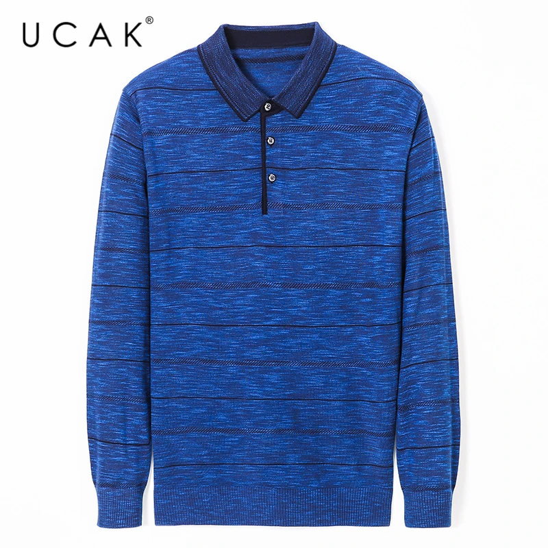

UCAK Brand Striped Sweaters Men Clothes Pull Homme Autumn Winter Streetwear Turn-down Collar Sweater Clothing Man Pullover U1088
