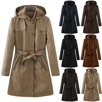 

Women's Long Fund Windbreaker Increase Down Leather Clothing Windbreak Loose Coat Even Hat Removable 6616