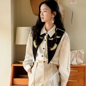 

Loose Women White Embroidery Split Joint Blouse New Lapel Long Sleeve Loose Fit Shirt Fashion Tide Spring Autumn 2020 1S353Q