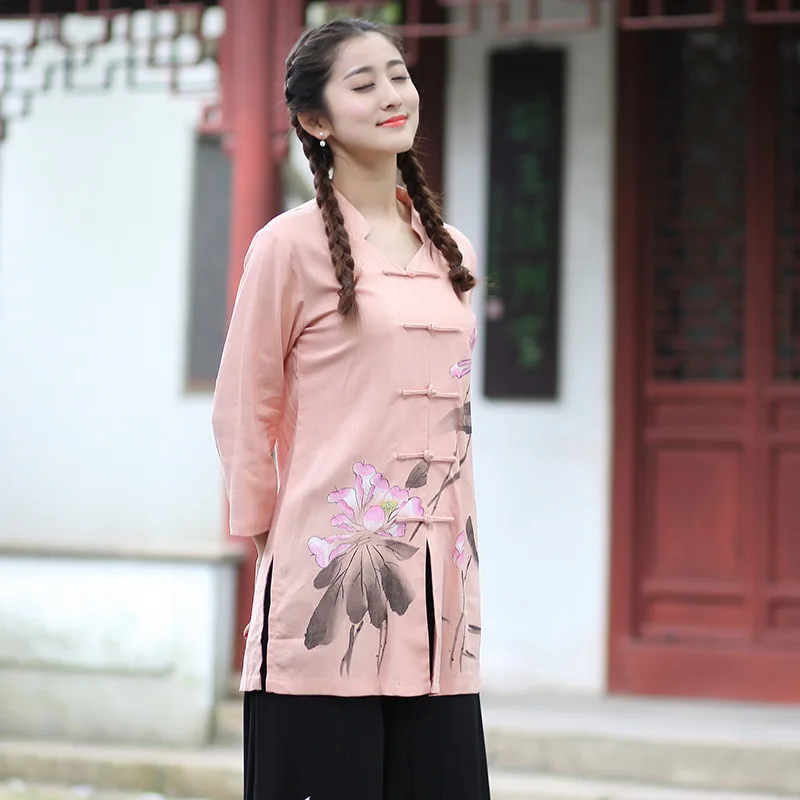 Summer Wear New Style Cotton Linen 2620-2 WOMEN'S Dress Flax Long-sleeved Upper Garment Women's Slim Fit Long Printed Shirt