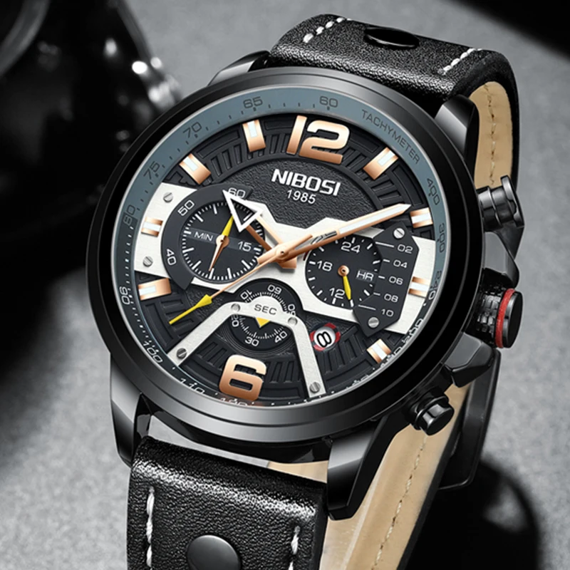 Nibosi Brand Luxury Watches Men Military Leather Casual Sport