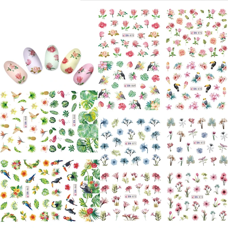 KADS Nail Sticker Decals Flower Leaves Flamingo Design Water Transfer Sticker Manicure Sliders Summer Nails Art Decoration Wraps