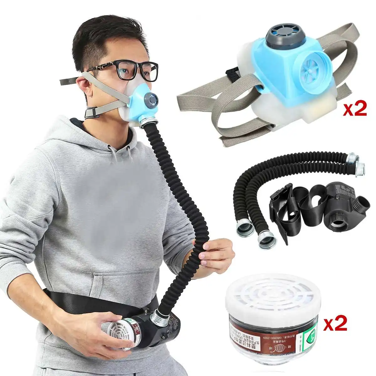 

2pcs Respirator-System-Device Gas Electric Constant Flow Air Supplied Fed Respirator Half Face Gas Mask Pump 2 Pipe Respirator