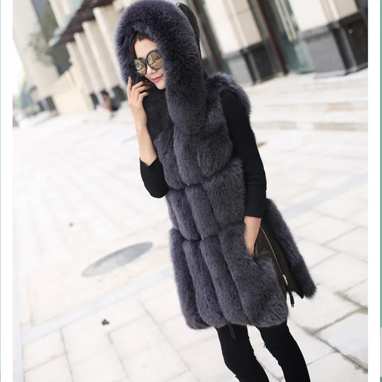 Зимняя благородная женская меховая куртка из искусственного лисьего меха, жилет, пальто, Модный меховой жилет с капюшоном, с боковой молнией, прошитая кожа, теплая верхняя одежда