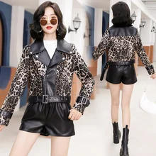 Trendy Yi Ethnic Leopard Splicing Leather Sliming Long Sleeve Jacket Women's Tops Punk Rock Style Early Spring And Autumn 2021