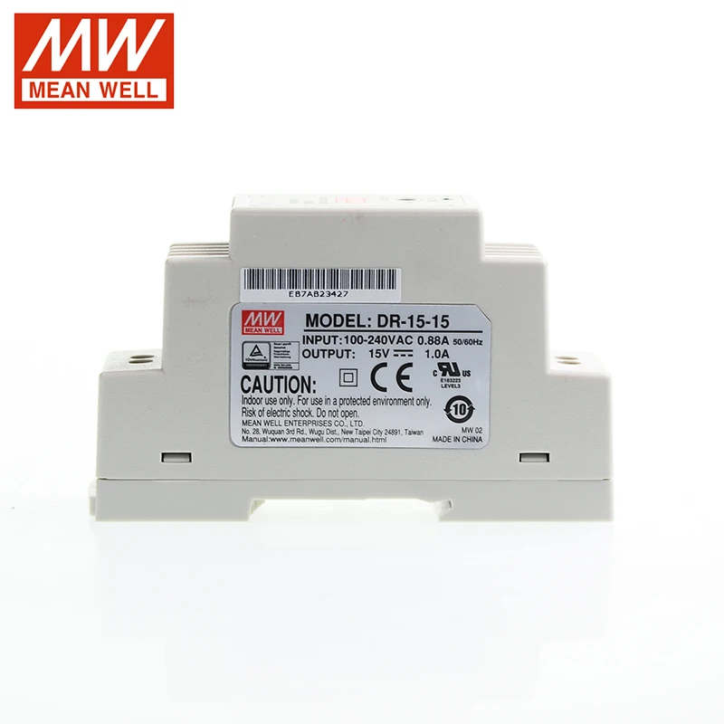 Оригинальный MEAN WELL DR-15-15 15 Вт в din-рейка блок питания 110 В/220 В AC до DC 1A Meanwell