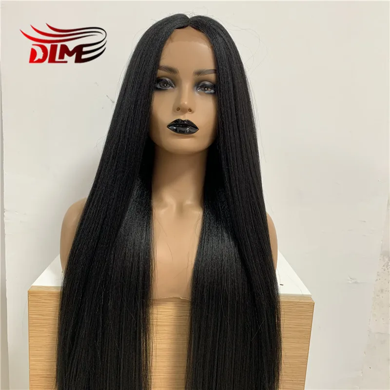 

DLME 1B Yaki Straight Glueless Synthetic Lace Front Wig Heat Resistant Fiber Black Color Daily Wearing Wigs Light Yaki wig