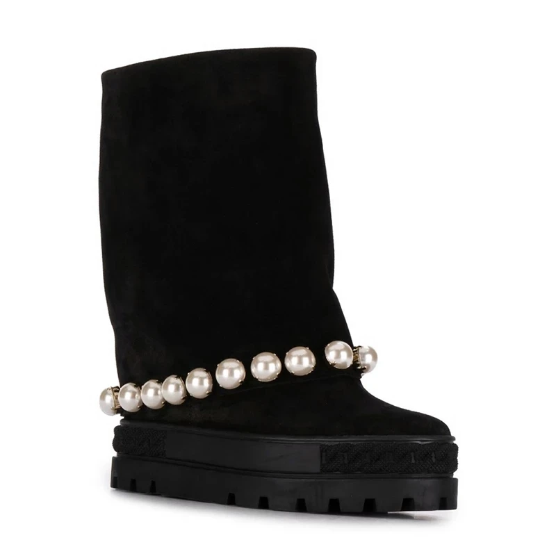 

Ins Woman Pearls Studs Inner-Increasing Platform Suede Boots Platform sole Inner Wedge Woman Pearls Beading Roman Boots