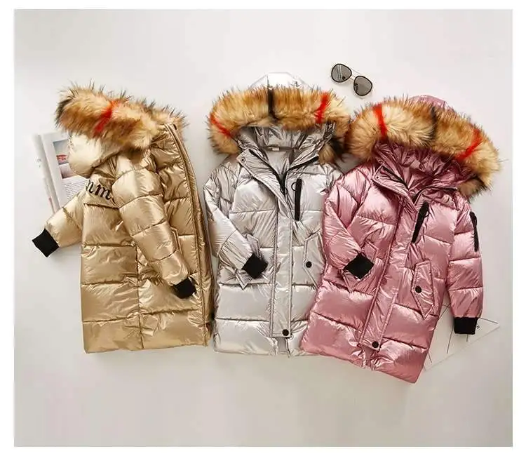 Многослойные куртки для девочек; коллекция года; детская зимняя одежда; пальто для девочек; теплые длинные пуховые пальто с меховым воротником и капюшоном для детей; верхняя одежда