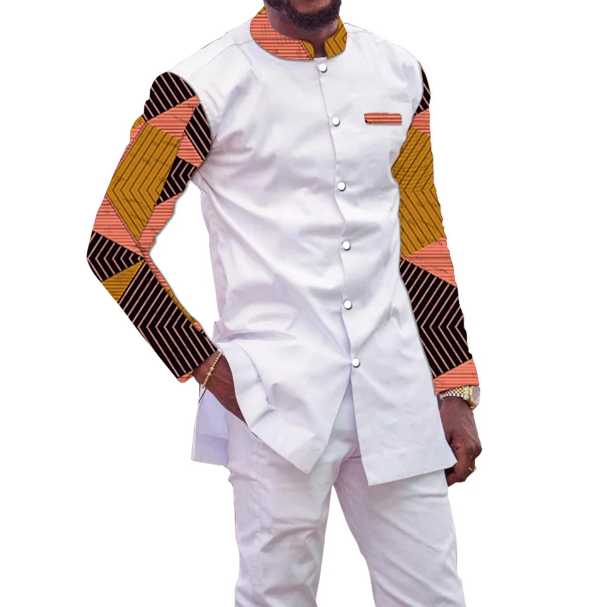 Африканский принт, мужской комплект, Дашики, модные топы с брюками, комплект из 2 предметов, рубашка с воротником-стойкой+ брюки, белые комплекты, мужская одежда - Цвет: 4