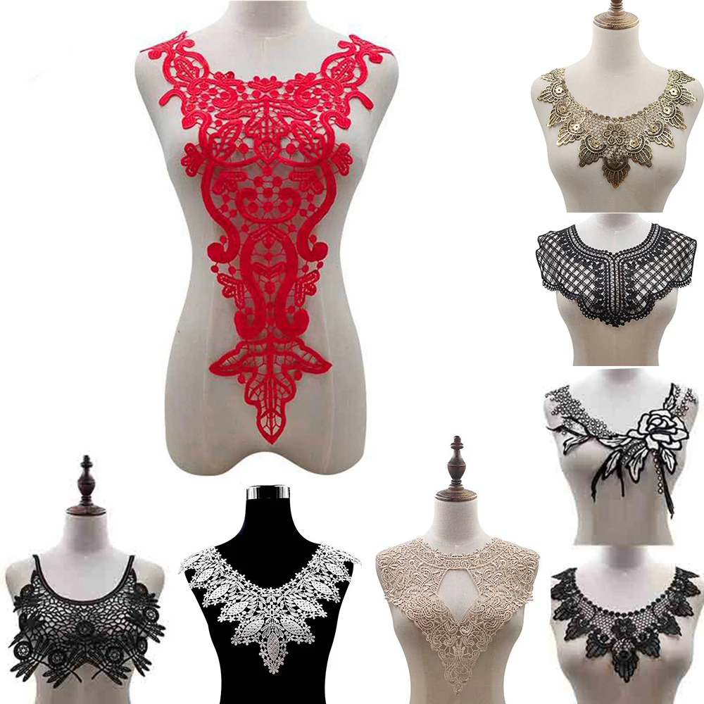 1 Pc 3D Black White Gold Embroidery Flower Lace Collar Fabric Sewing Applique DIY Patches Ribbon Trim Neckline