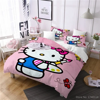 

Drawing Hello Kitty Cat Printed Cartoon Bedding Set Comforter Cover / Duvet Cover Set Soft Bed Linens Twin Full Queen King Size