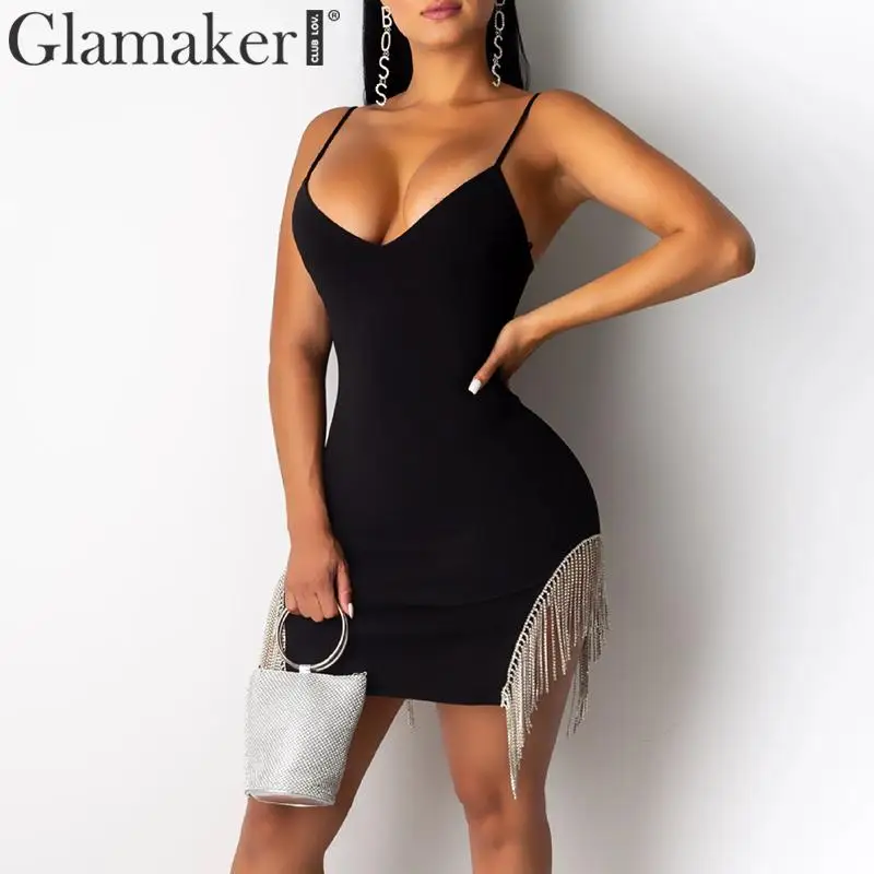 Черный Glamaker, облегающее сексуальное белое короткое платье с кисточками, Женское зимнее элегантное осеннее платье с v-образным вырезом, женские вечерние платья с бахромой для клуба, vestidos - Цвет: Черный