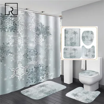 

Snowflake Snowman Printed Shower Curtain Set Non-slip Bathroom Mat 4 PCS Bathing Sets Toilet Cover Rug Flannel Carpet Christmas