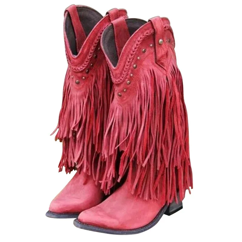 PUIMENTIUA Для женщин ботинки до середины икры на низком каблуке в богемном стиле Стиль мотоботы с бахромой; ковбойские ботинки; Демисезонная женская обувь - Цвет: red A