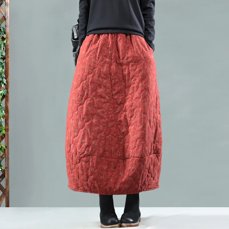 Thicken warm retro floral cotton and linen cotton stitching skirt skirt elastic waist literary fan female skirt
