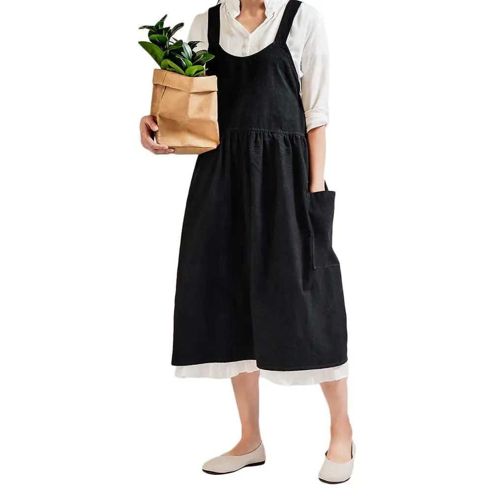 Medieval Washed cotton linen Kitchen Apron For Cooking Baking Flower Shop Ruffles work clean apron for woman uniform lady Dress