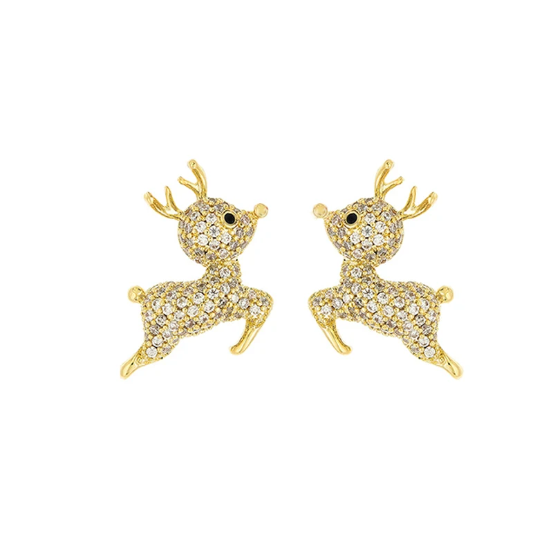 Супер блестящий золотой цвет серьги с оленями для женщин Мода фианит, циркон, кристалл Рождественский олень маленькие серьги в виде животных для девочек подарок