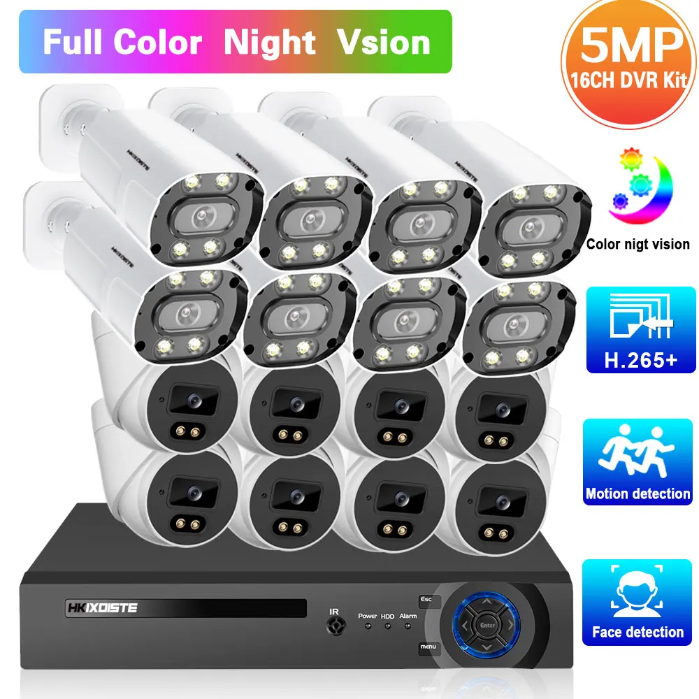 5MP Video Surveillance Cameras Kit 16ch Outdoor Full Color Night Vision CCTV DVR Home Security Camera System 16 Channel DVR Kit