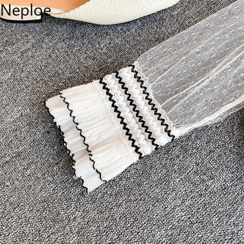 Neploe шикарная элегантная кружевная Лоскутная Блузка с оборками и v-образным вырезом, с длинным рукавом, черный, белый цвет, подходит к блузкам, осень-весна, рубашка 48467