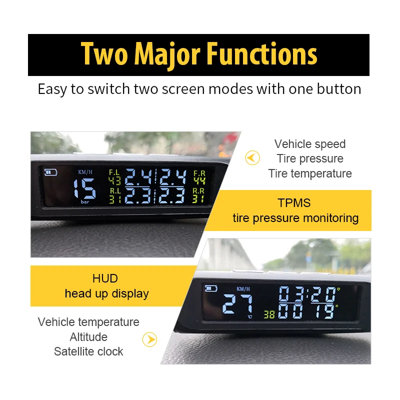 Universal GPS Speedometer Auto Tire pressure Sensor Tpms On-board computer Hud 2 in 1 Headup Display Solar Energy Car Electronic Universal GPS Speedometer Auto Tire pressure Sensor Tpms On-board computer Hud 2 in 1 Headup Display Solar Energy Car Electronic