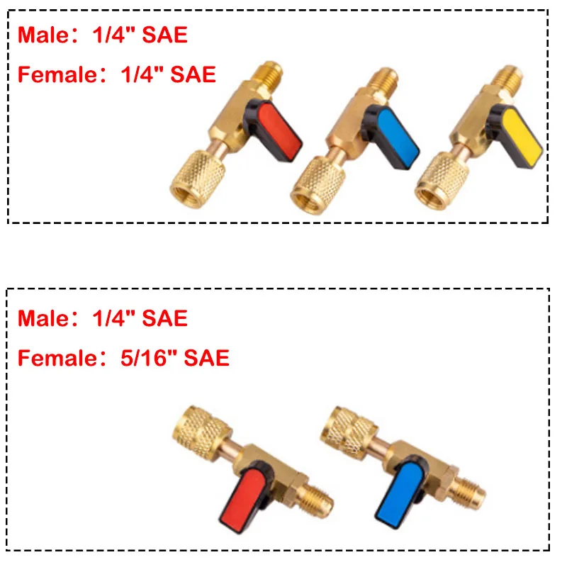 Válvulas de bola recta refrigerante R22 R410A, carga CA, 1/4 , 1/4 macho a/5/16 , válvula SAE hembra, 1 ud.