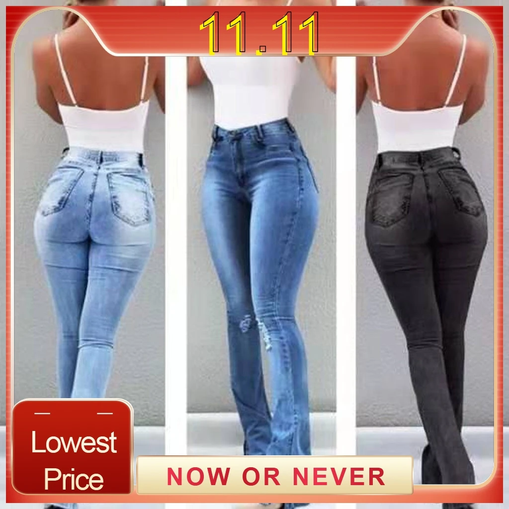 2019 женские рваные джинсы с высокой талией брюки больших размеров повседневные