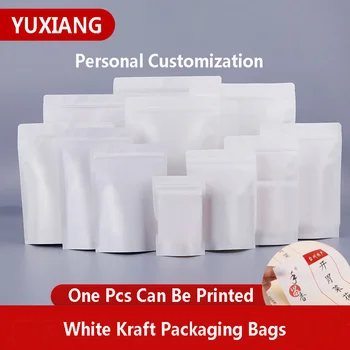 

50pcs White Kraft Paper Packaging Bags Without Window Self Standing With Zipper Heat Seal Custom LOGO Printing For Gift Food