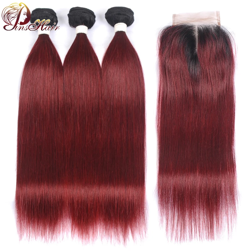 Pinshair T1B/99J красный бордовый цвет прямые человеческие волосы пряди с закрытием