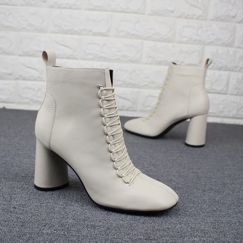 

Women's Shoes Cowhide Circle Head With Genuine Leather Chalaza Soft Leather High-heeled Shoes Short Boots Woman