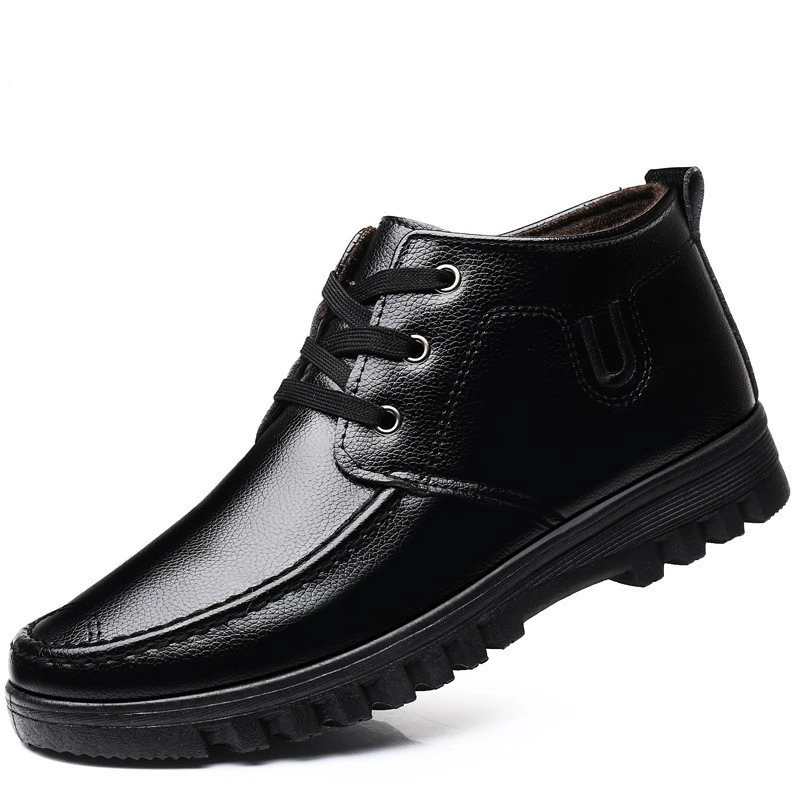 

Winter Warm Men Shoes High Top Casual Male Ankle Boots With Fur Black Lace Up Business PU Leather Mans Footwear Furry Round Toe
