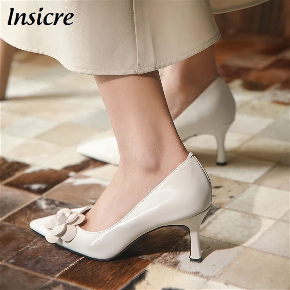 

Insicre New Genuine leather High Heel Shoes Female Flower Pointed Black White Party Wedding Pumps Stiletto Ladies Shoes