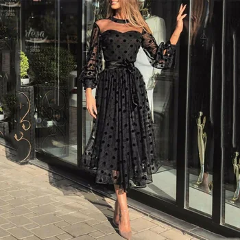 

Hirigin Women Fashion Long Sleeve Polka Dot Mesh Dress Bandage Ladies Black Formal Evening Midi Dress Party Sexy Club Streewear