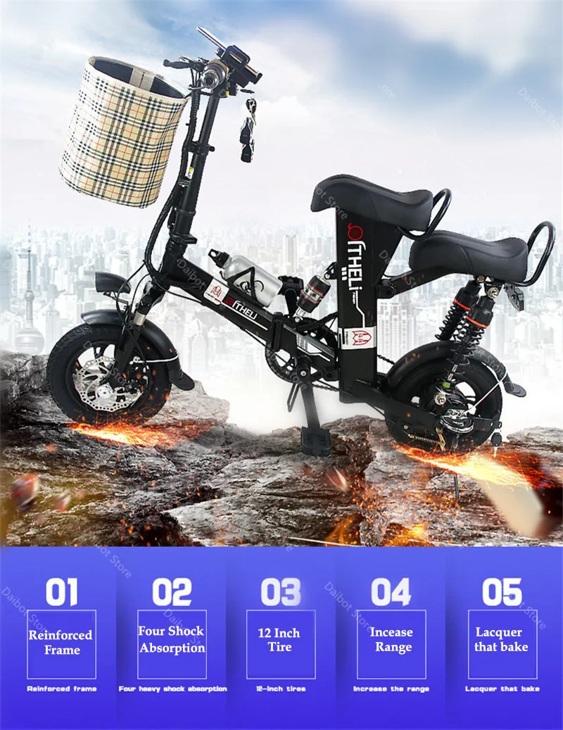 Electric Bikes Adults 2 Wheeled Electric Bicycles 12 Inch Max Range 100KM 48V 400W Mini Portable Foldable Electric Scooter (9)