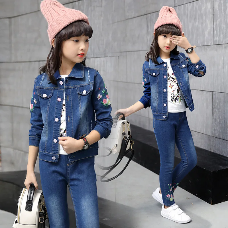 

Childrenswear 2019 Autumn Girls New Style Korean-style Big Boy Foot Mouth Embroidered Pink Flower Denim Suit Fashion