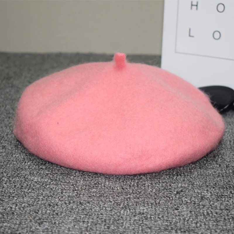 pink Женский берет из настоящей шерсти, осенне-зимний женский берет, элегантный однотонный Французский Берет, ярко-красный, желтый, розовый, береты для девочек - Цвет: pink