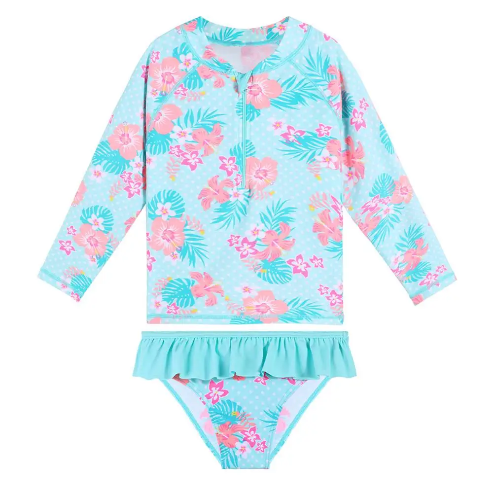 

BAOHULU Toddler Teen Girls Swimsuit Cyan Flower Floral Sun Protection Swimwear One Piece Rash Guards Swimsuit for Girls Children