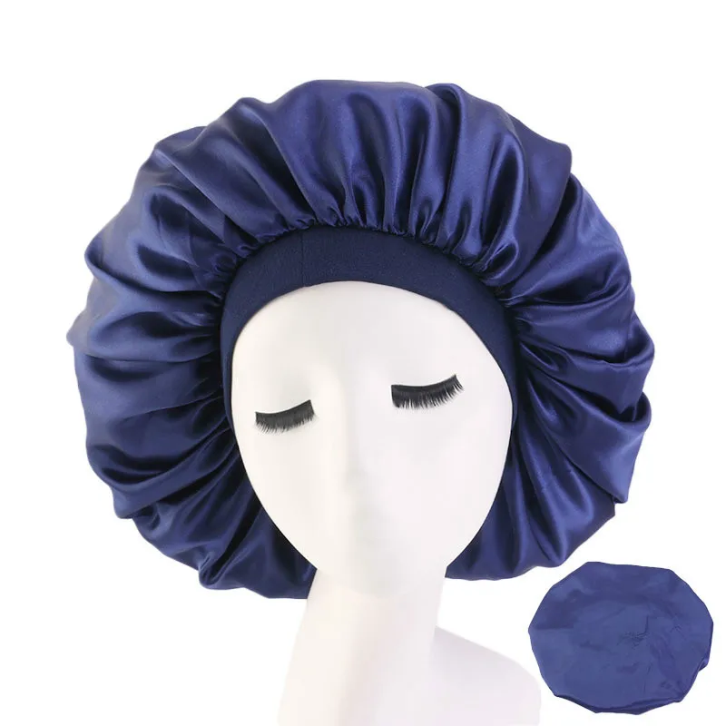 Large Print Satin Silky Bonnet Sleep Cap Width Elastic Band for Women Solid Color Head Wrap Lady Hair Accessories Wholesale