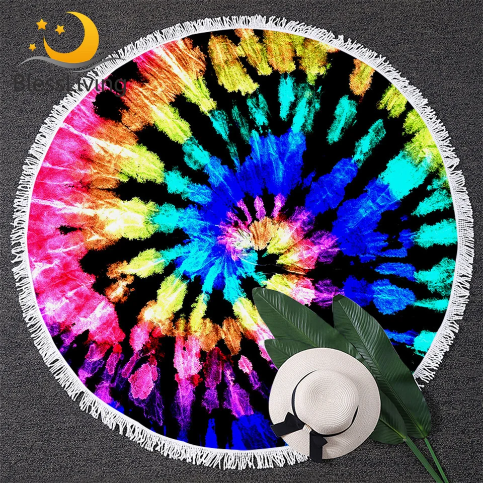 

BlessLiving Tie Dye Round Beach Towel Luxury Colorful Tassel Tapestry Watercolor Blooming Yoga Mat Tye Dye Toalla Towel 150cm