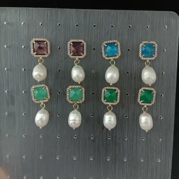 

White Pearl Green Purple Blue Aqua Green Square Cat Eye Earrings