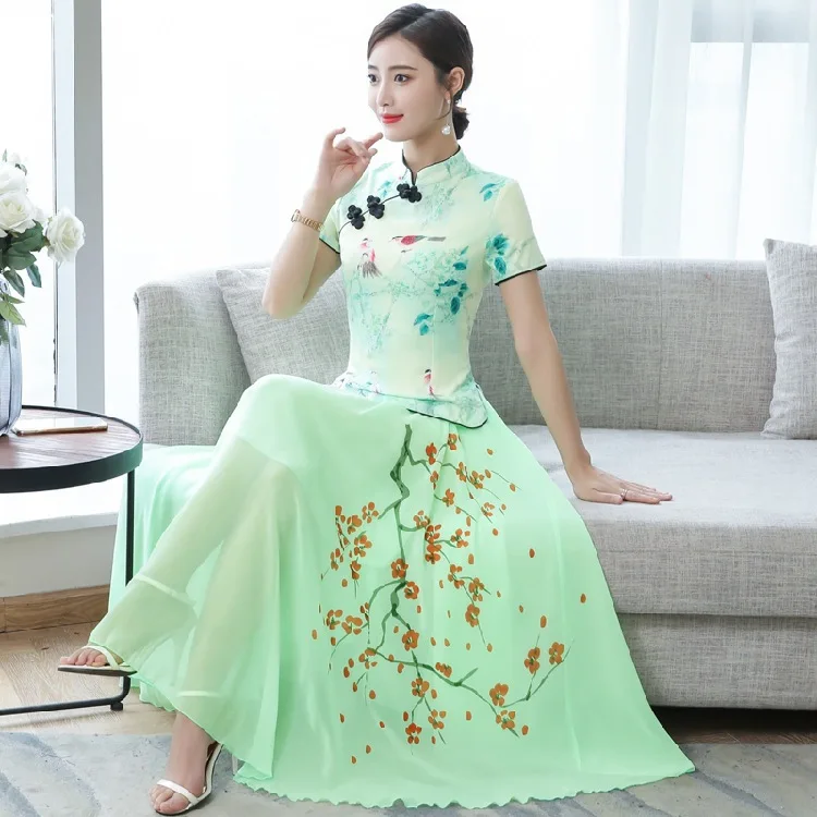 

2019 New Style Girls' Clothing Cheongsam Long Daily Life Slim Fit Improved Graceful Performance Two-Piece Dress Women's