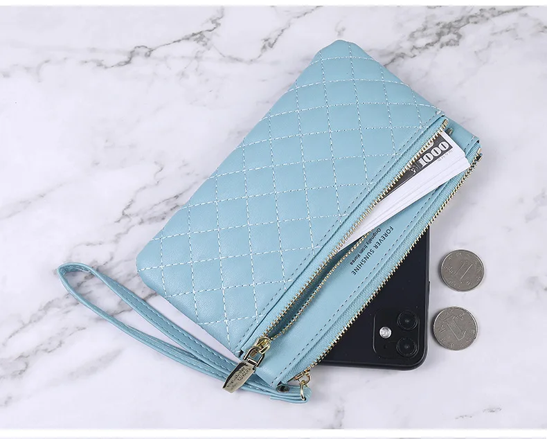 Western Style Wallet Ladies Long New Zipper Simple Solid Color Rhombus Thin Multi-function Large-capacity Clutch Women Purses