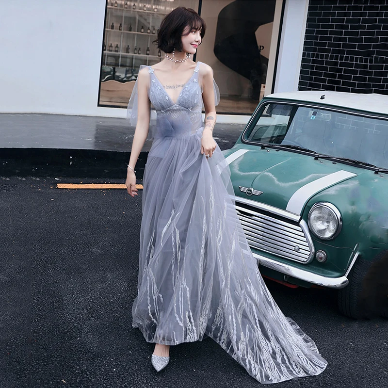 

Evening Dress Sexy Lace Embroidery A-Line Women Party Dresses Double V-Neck Sleeveless Formal Gowns Elegant Robe De Soiree E704